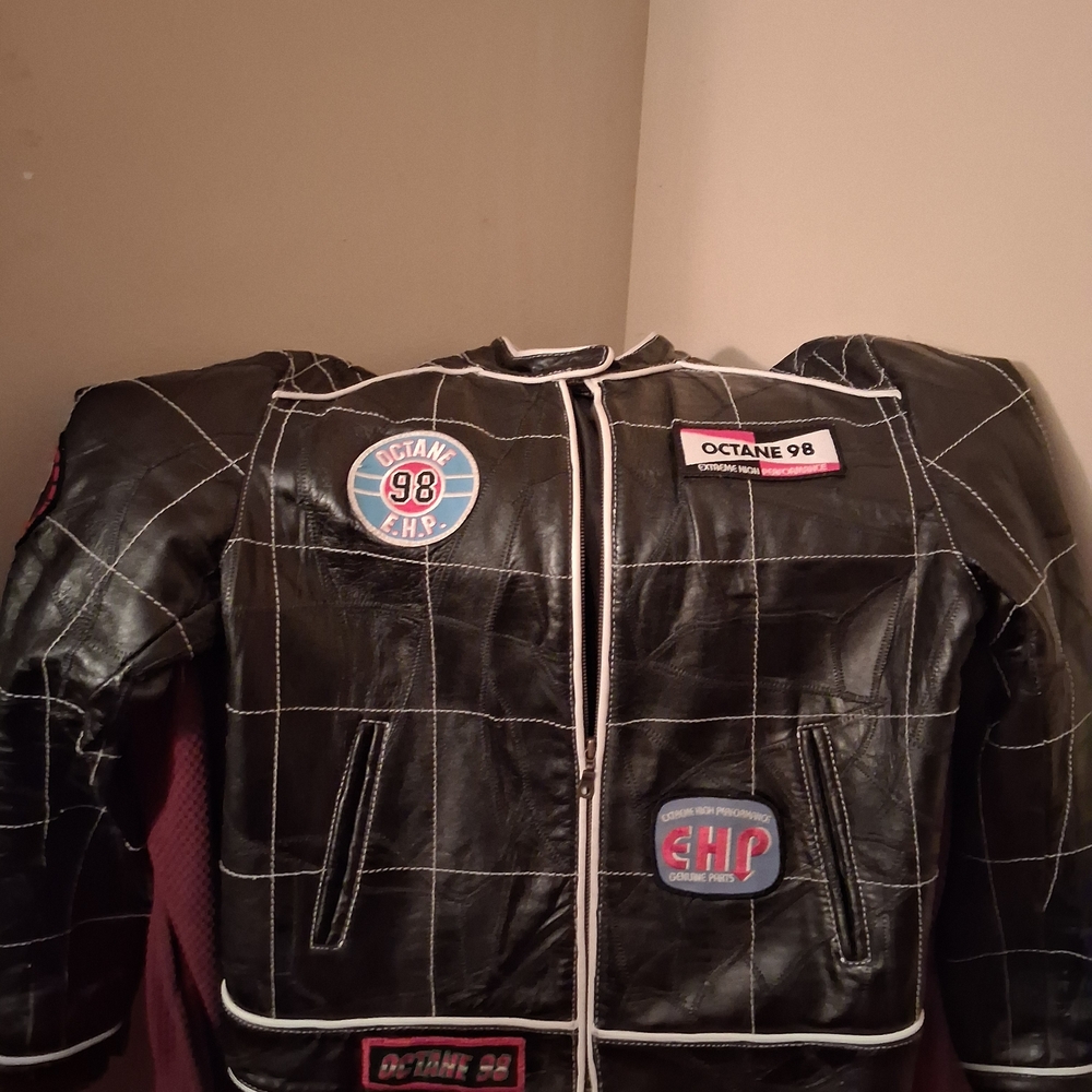 Black Leather Racing Jacket with Patches